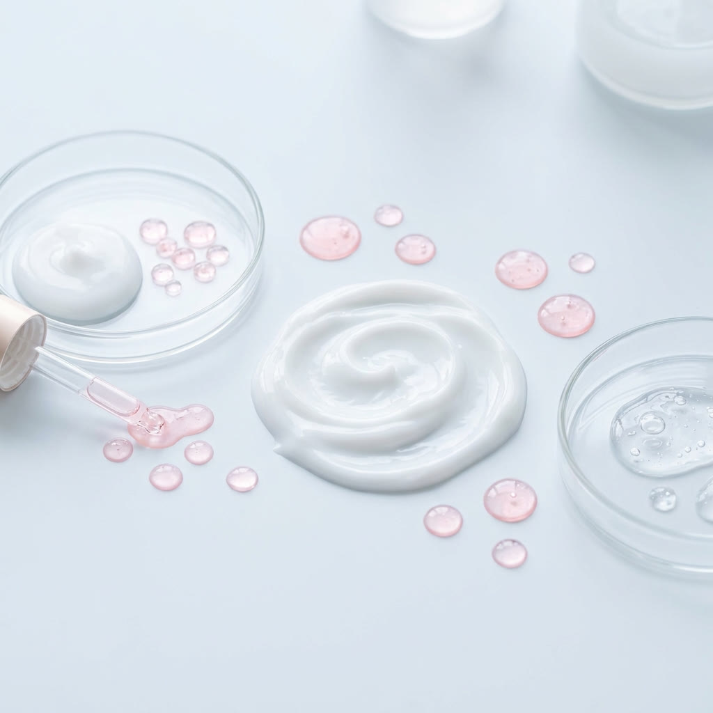 Crème blanche, gouttes rosées et boîtes de Petri en verre sur fond clair (décor)