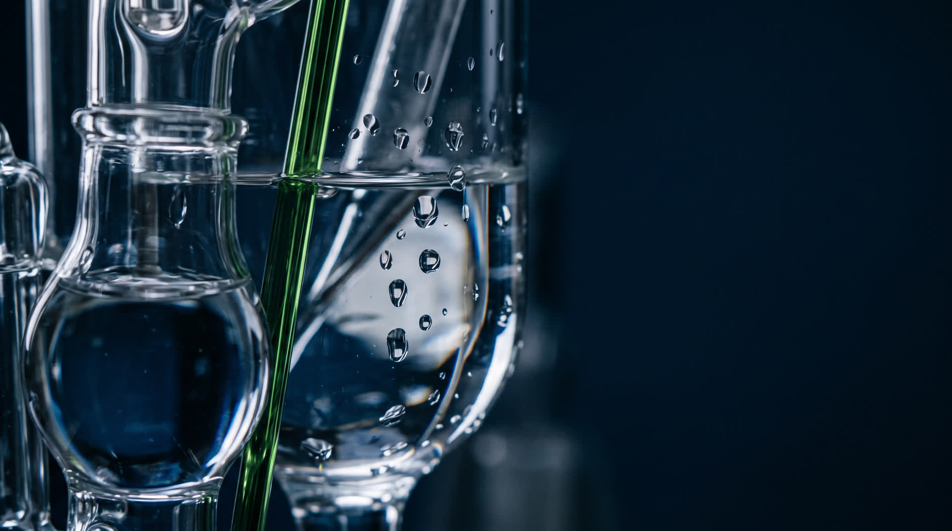 Gros plan de verrerie de laboratoire remplie d’un liquide clair, gouttelettes sur le verre et fine tige verte, sur fond bleu nuit (décor)