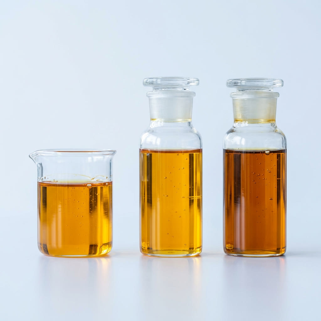 Liquides ambrés dans un bécher et deux flacons de verre bouchés, sur fond clair (décor)